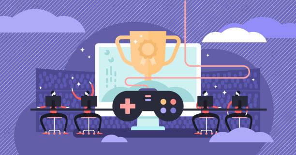 Esports vector illustration. Flat tiny virtual computer games persons concept. Competition online play equipment. Entertainment console team vs gaming group players. Winning hobby cup in championship.