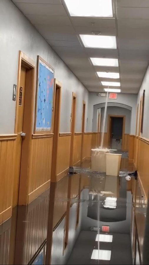 A football smashed into a sprinkler head in Barker Hall causing major flooding on the first floor. 