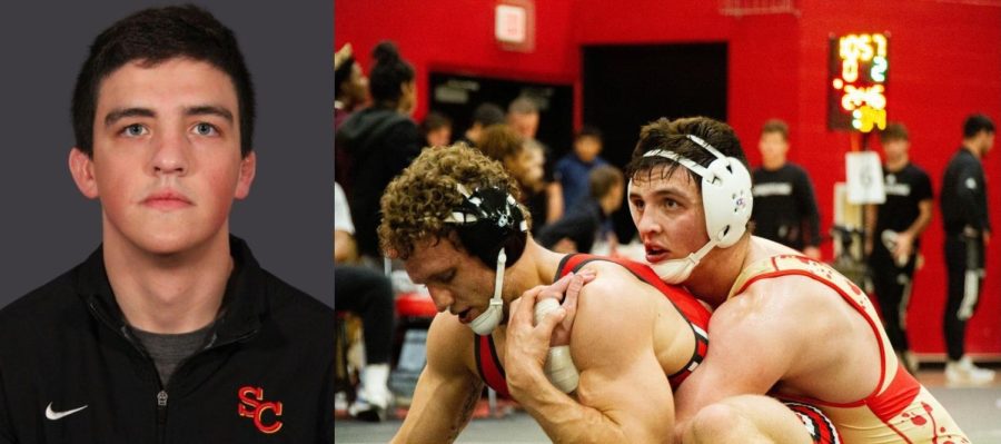 Ashton Barkers roster photo (left) and him wrestling (right photo by Caleb Geer)
