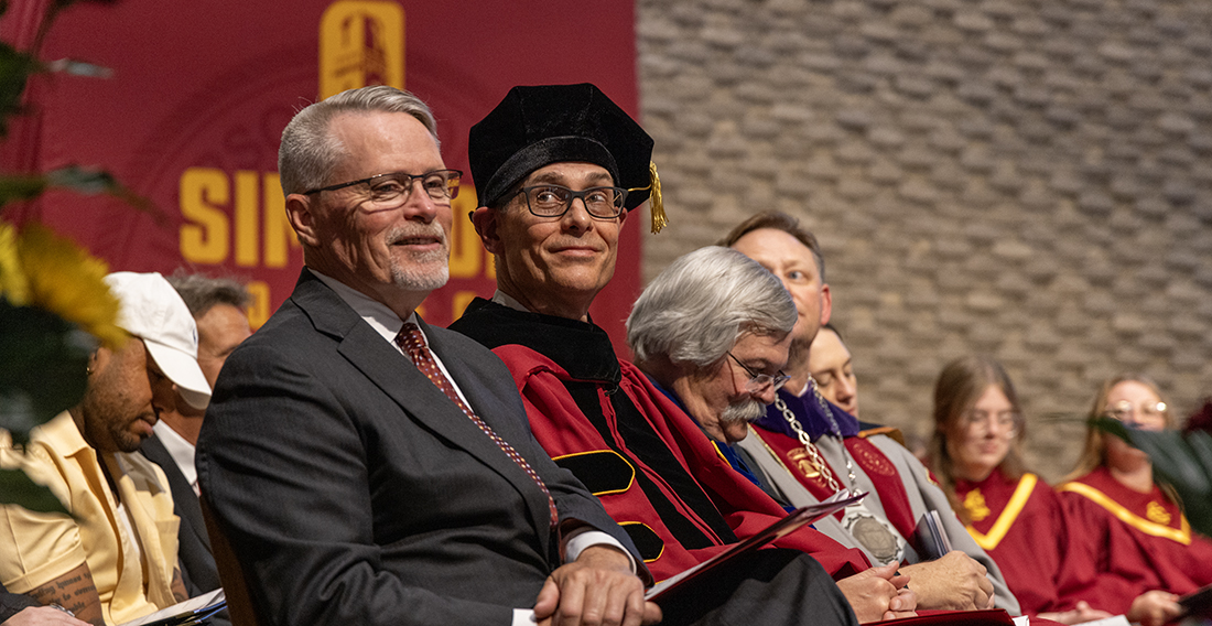 President Jay Byers, surrounded by faculty, students, and alumni was inaugurated on the Friday of homecoming.  