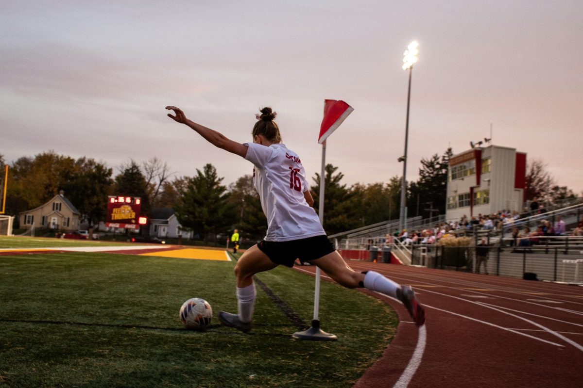 Senior captain, Hailey Kowzan, taking one of the storm's 18 corner kicks of the night.