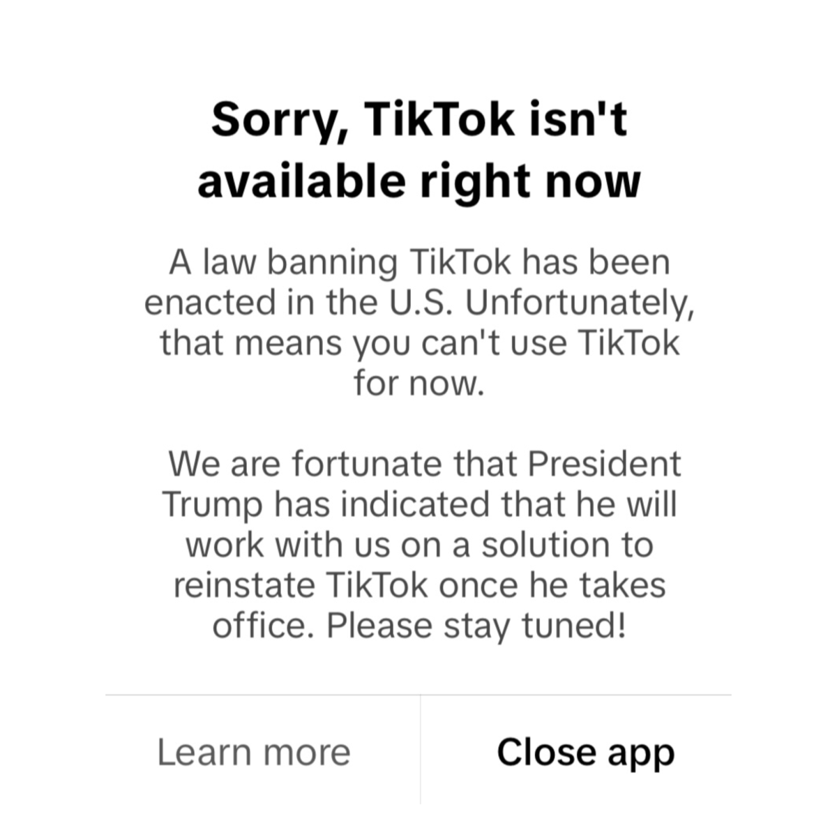 The message American users saw as they opened their TikTok app on the night of Jan. 18.