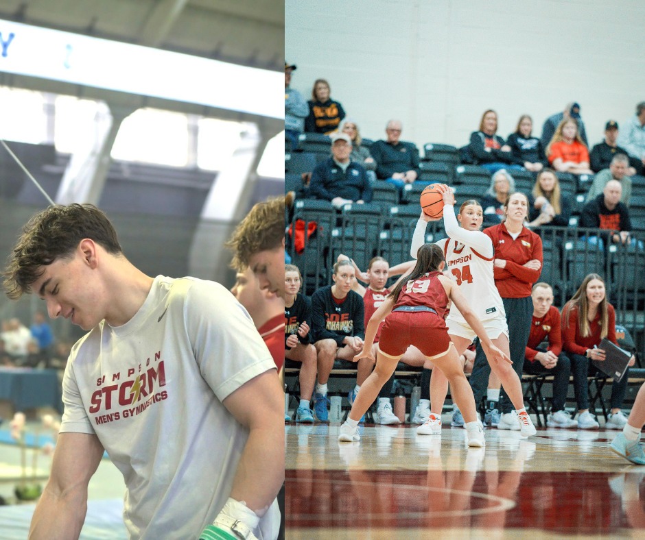 Brennan Voss (left) preparing to perform at a meet and Ava Levings (right) in game against Coe
