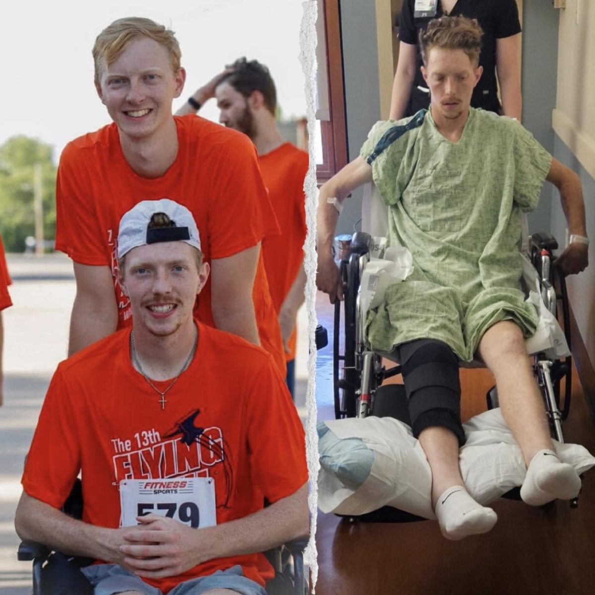 (Left) Wallace and his brother not allowing his injuries prevent him from competing in an annual 4th of July 5k this past summer. (Right) Wallace in the hospital after his accident. 
