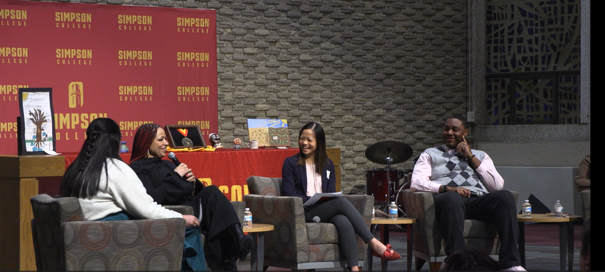 Nikole Hannah-Jones, second from left, speaks during a panel at the George Washington Carver Medal Ceremony at Simpson College, Jan. 29. From left are moderator Allie Martinez, and panelists Steffi Lee and Ty Rushing. 
