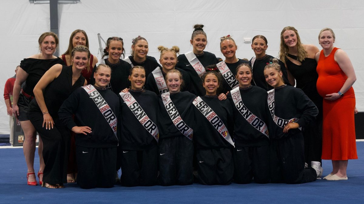 Simpson women's gymnastics senior core during the meet against Wisc. Eau-Claire
