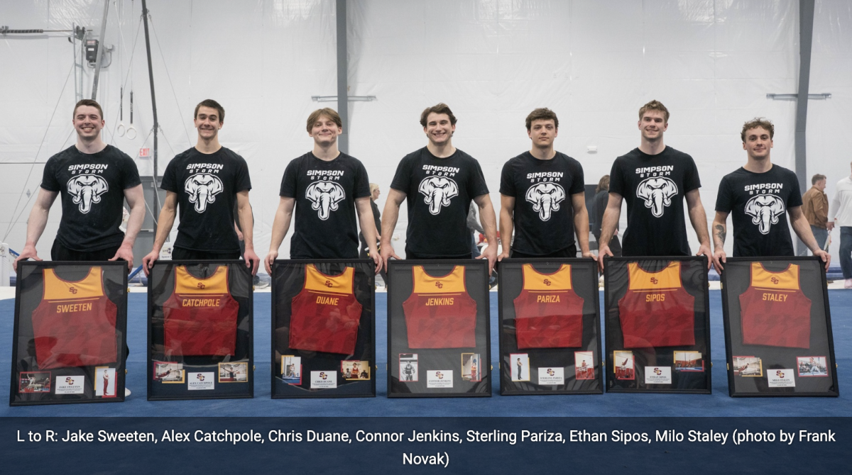 Seniors Jake Sweeten, Alex Catchpole, Chris Duane, Connor Jenkins, Sterling Pariza, Ethan Sipos and Milo Stanley pose with their framed jerseys
