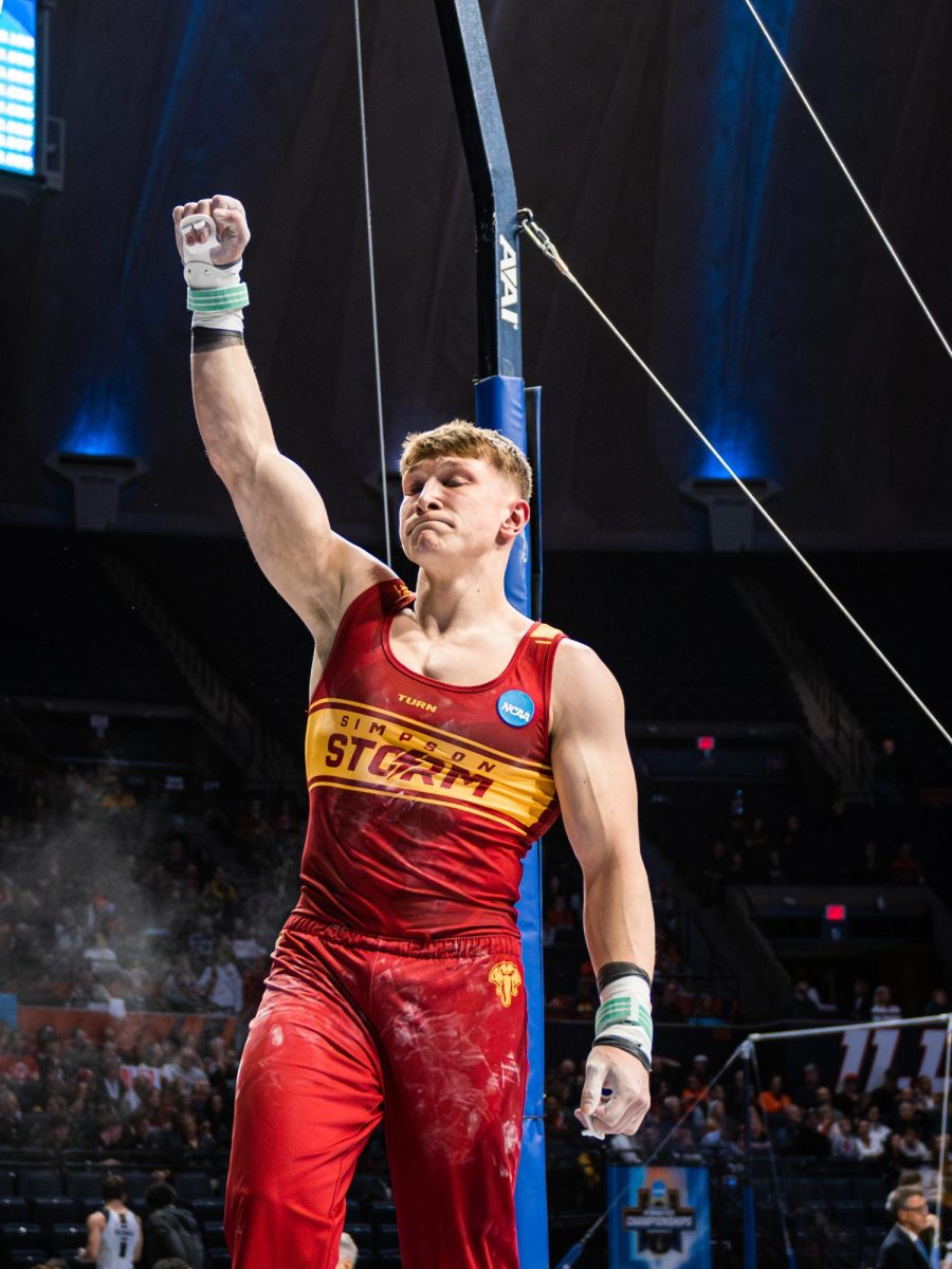 Junior Brian Rollison celebrating his high bar performance at the NCAA Finals (submitted photo)